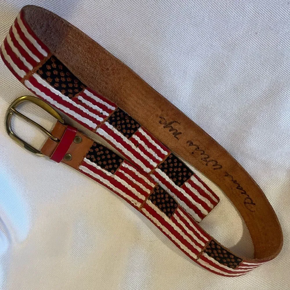 Rare🔥Diane Weiss NYC‎ hand tooled and painted leather 🇺🇸USA flag belt.